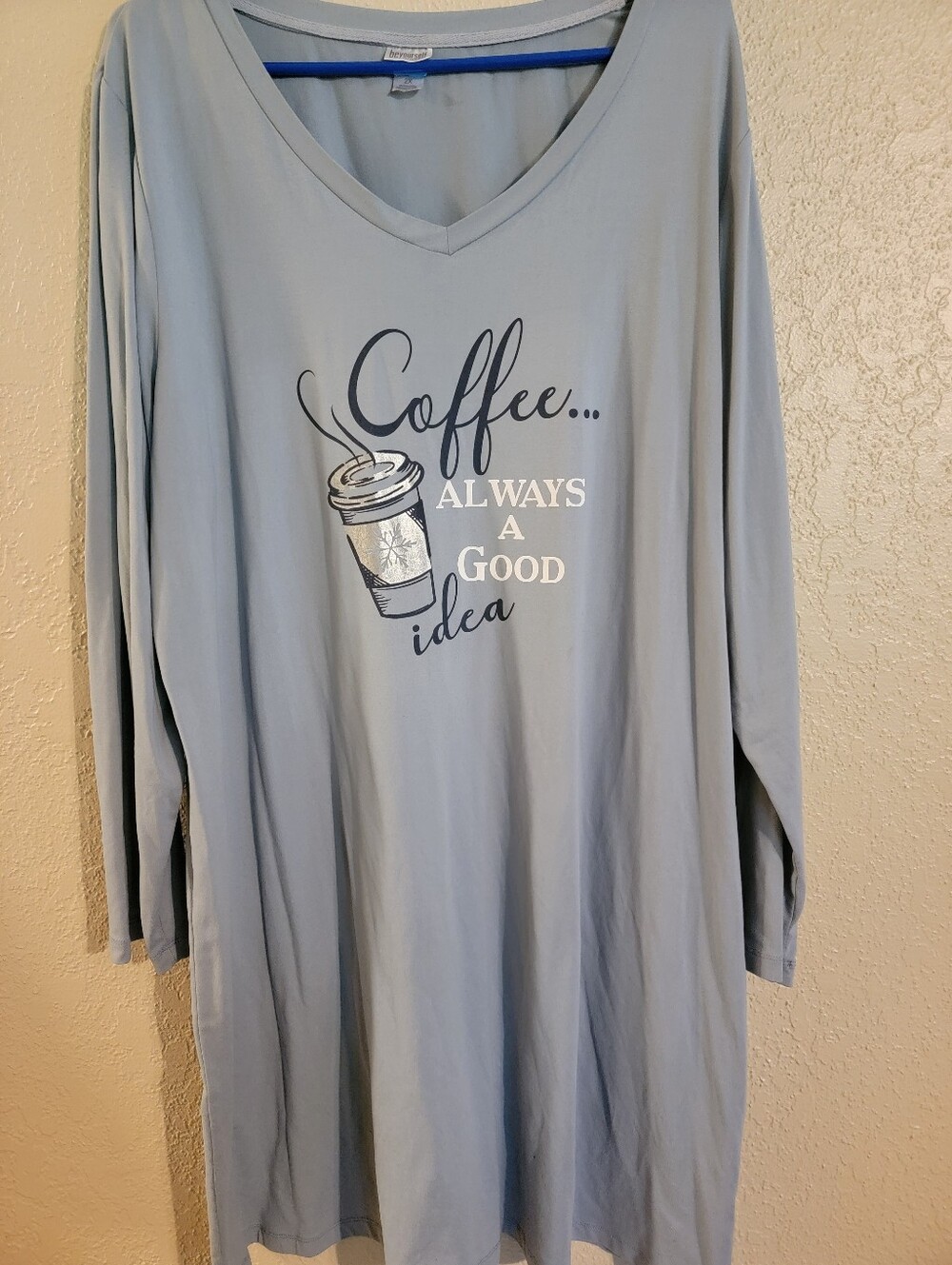 Women’s Light Blue V-Neck Long Sleeve Nightshirt - Coffee Graphic